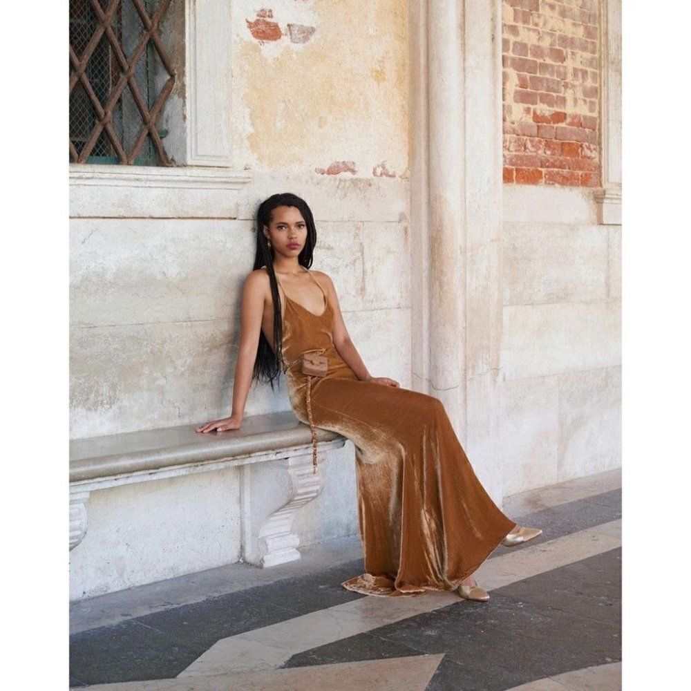 💕REFORMATION💕 Rimini Velvet Dress ~ Gold XL NWT - Picture 5 of 15